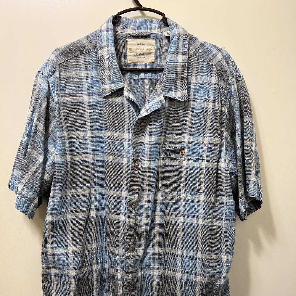 Weatherproof Vintage. 55% Linen Short Sleeve Shirt. Blue Gray White Pattern. -L-